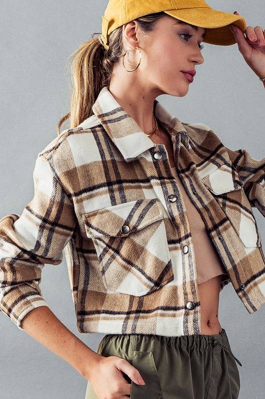 BELLA SNAP BUTTON PLAID CROP JACKET